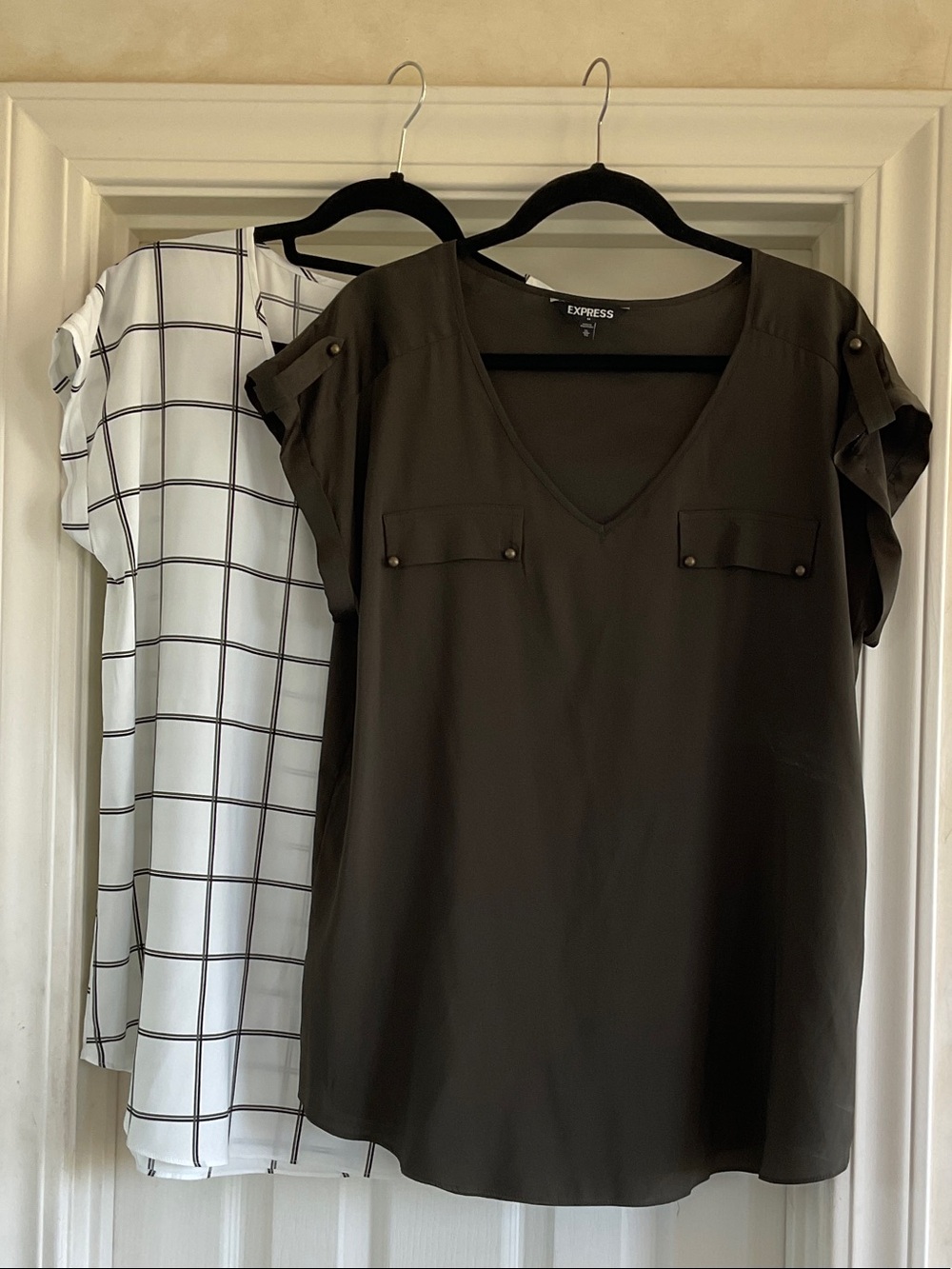 Three piece Express Olive Tie-Waist Pleated Chinos, plus 2 tops
